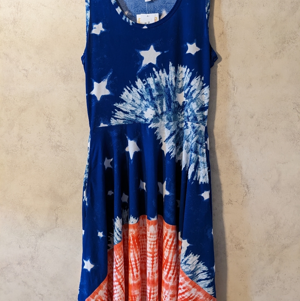 LuLaRoe Med Nicki tank top dress.  Red, white and blue. Star print.